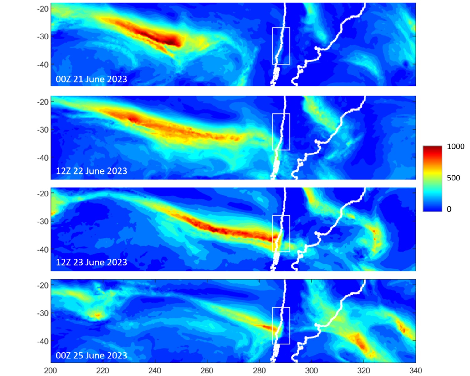 Figura 7. Mapas del transporte integrado de vapor de agua (magnitud en Kg/m/s) en instantes seleccionados durante la tormenta. Fuente de datos: Modelo GFS inicializado el 20 de junio de 2023.
